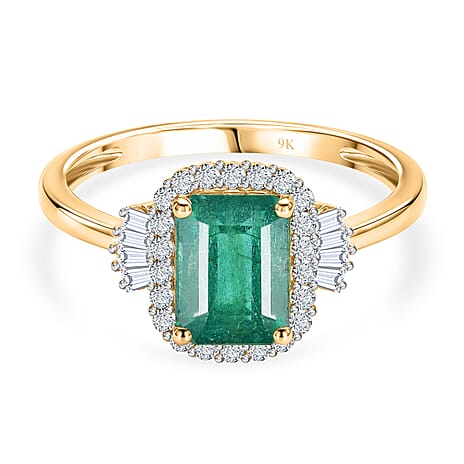 9K Yellow Gold AAA Zambian Emerald, White Diamond Halo Ring, Gold Wt.1.89 Gms  1.786  Ct.