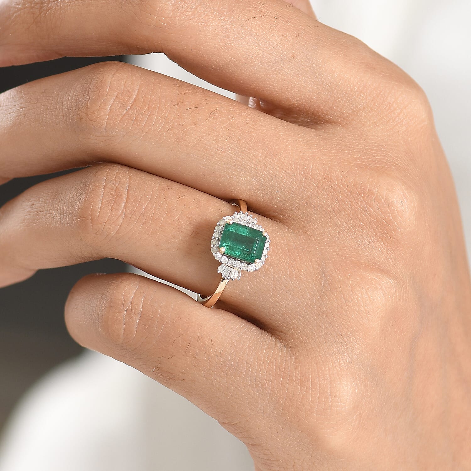 9K Yellow Gold AAA Zambian Emerald, White Diamond Halo Ring, Gold Wt.1.89 Gms  1.786  Ct.