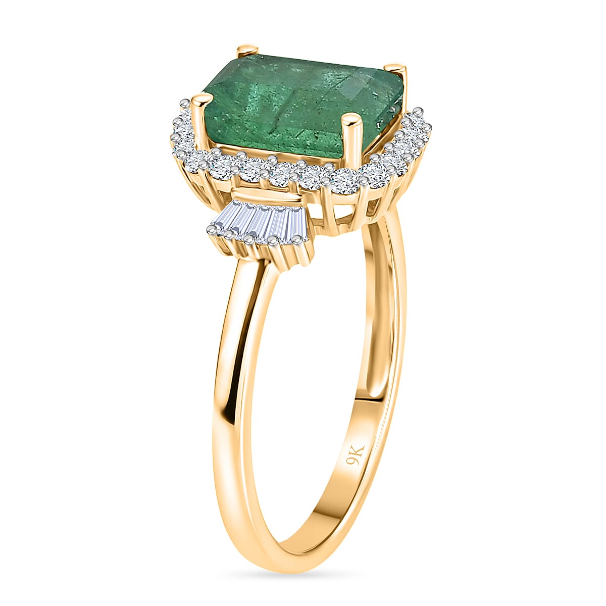 9K Yellow Gold AAA Zambian Emerald, White Diamond Halo Ring, Gold Wt.1.89 Gms  1.786  Ct.