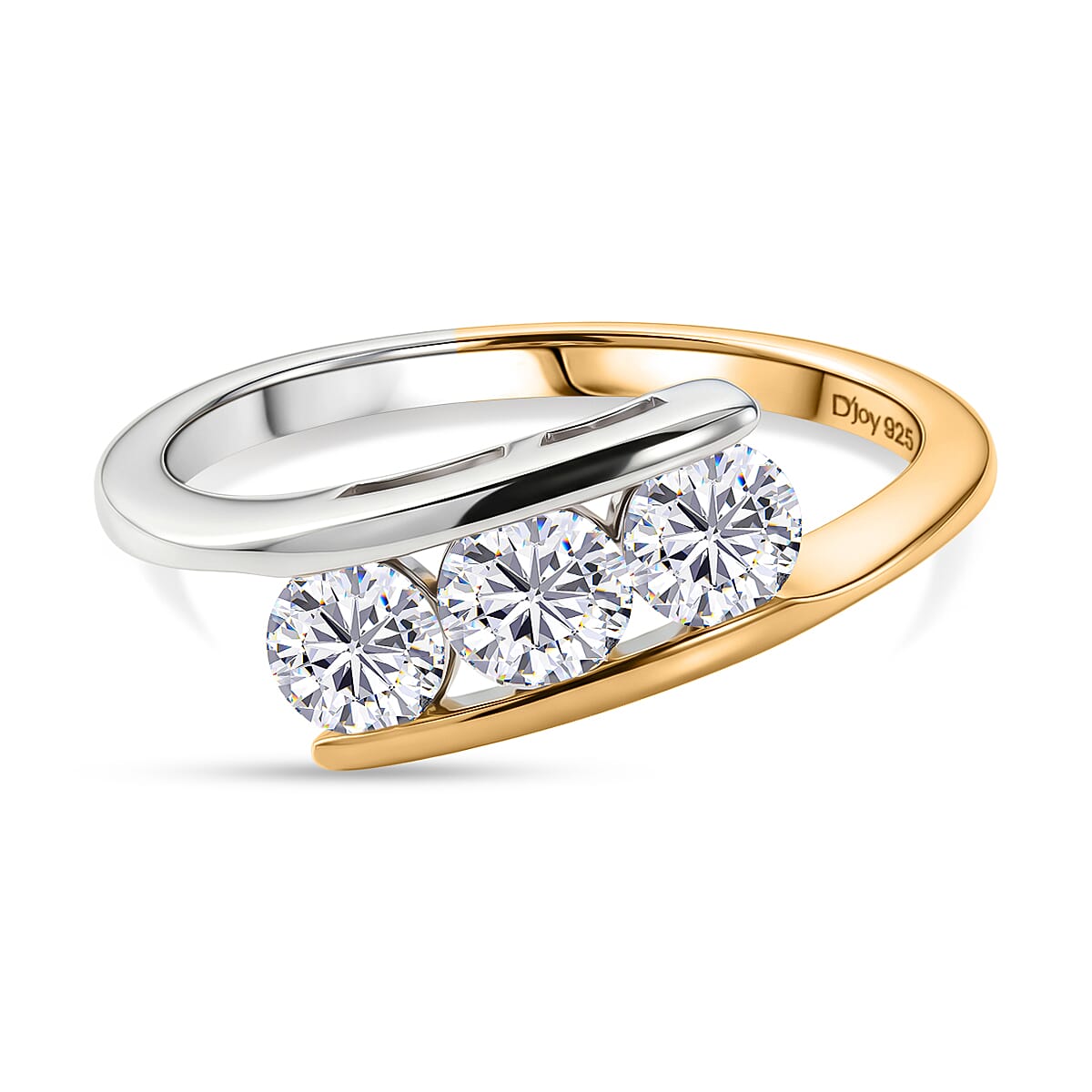 D'Joy - Moissanite Trilogy Ring in Yellow Gold Plated & Platinum Overlay Sterling Silver