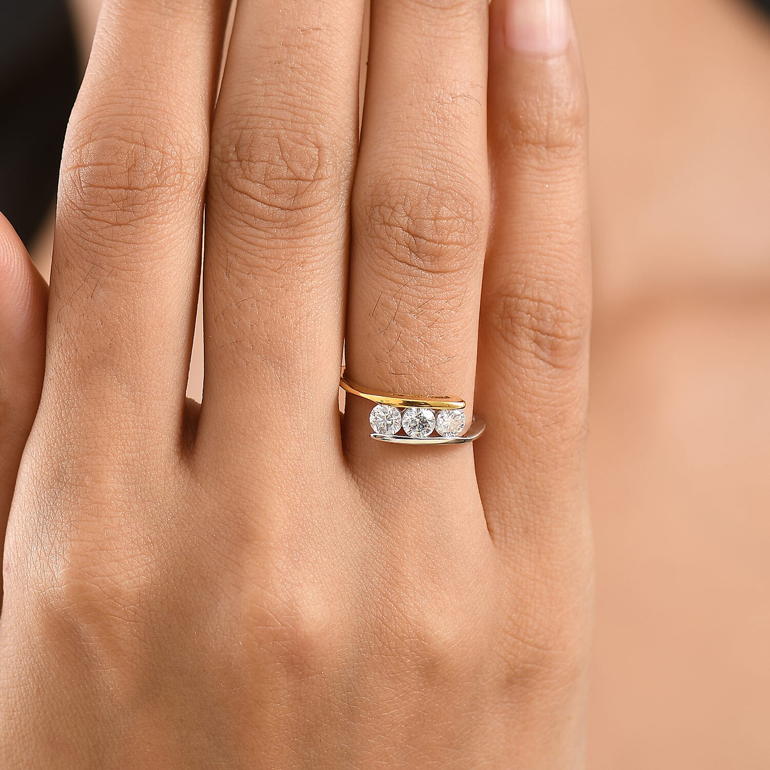 D'Joy - Moissanite Trilogy Ring in Yellow Gold Plated & Platinum Overlay Sterling Silver