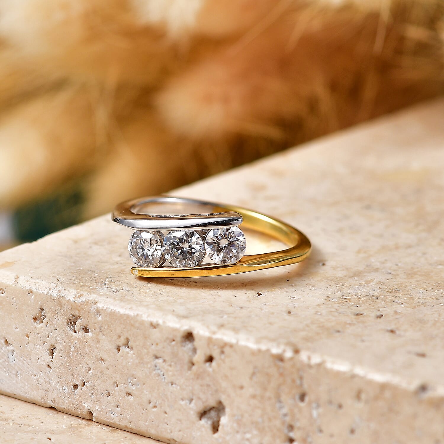 D'Joy - Moissanite Trilogy Ring in Yellow Gold Plated & Platinum Overlay Sterling Silver