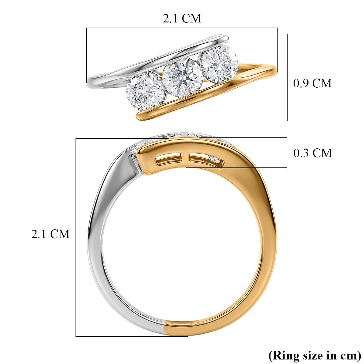 D'Joy - Moissanite Trilogy Ring in Yellow Gold Plated & Platinum Overlay Sterling Silver