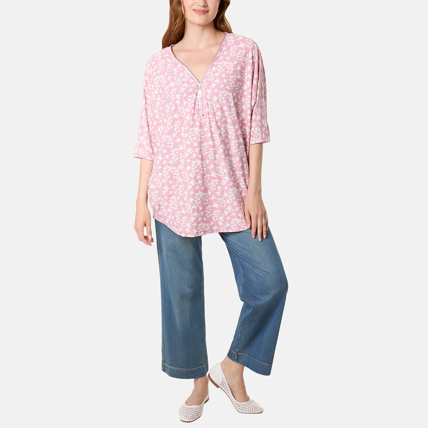 Misumi Blossom Print Front Zip Top (One Size) - Pink