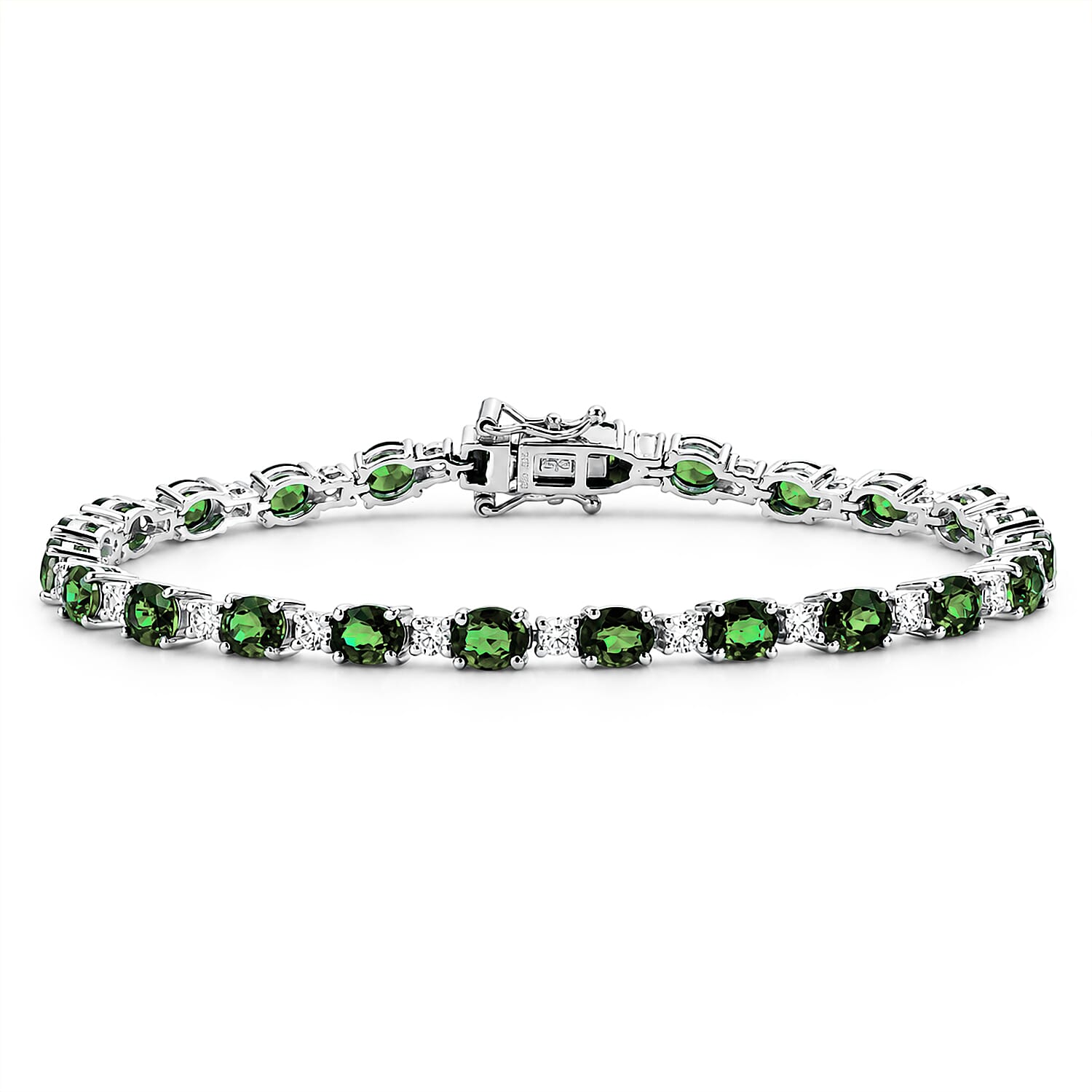 D'Joy Natural Chrome Diopside, White Zircon Tennis Bracelet 1 Row (Size - 7.5) in Rhodium OverlaySterling Silver, Silver Wt.9 Gms  10.902  Ct.