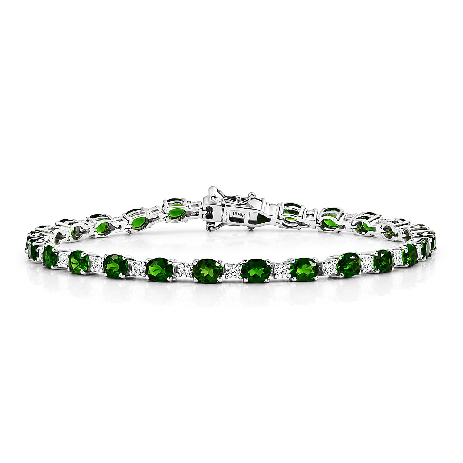 D'Joy - Natural Chrome Diopside & White Zircon Tennis Bracelet (Size - 8) with GB Lock Box in Rhodium Overlay Sterling Silver 11.85 Ct.
