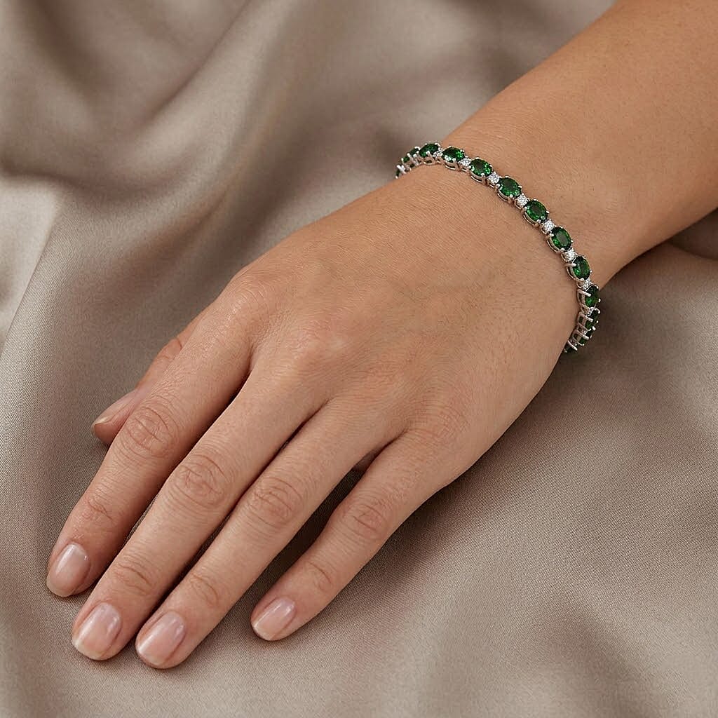 D'Joy - Natural Chrome Diopside & White Zircon Tennis Bracelet (Size - 8) with GB Lock Box in Rhodium Overlay Sterling Silver 11.85 Ct.