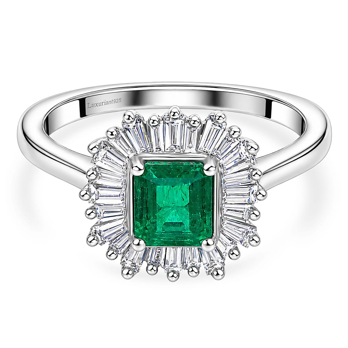 Luxuriant - AAA Zambian Emerald & Lab Grown Diamond (SI-G-H) Halo Ring in Rhodium Overlay Sterling Silver 1.00 Ct.