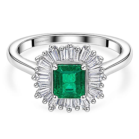 Luxuriant - AAA Zambian Emerald & Lab Grown Diamond (SI-G-H) Halo Ring in Rhodium Overlay Sterling Silver 1.00 Ct.