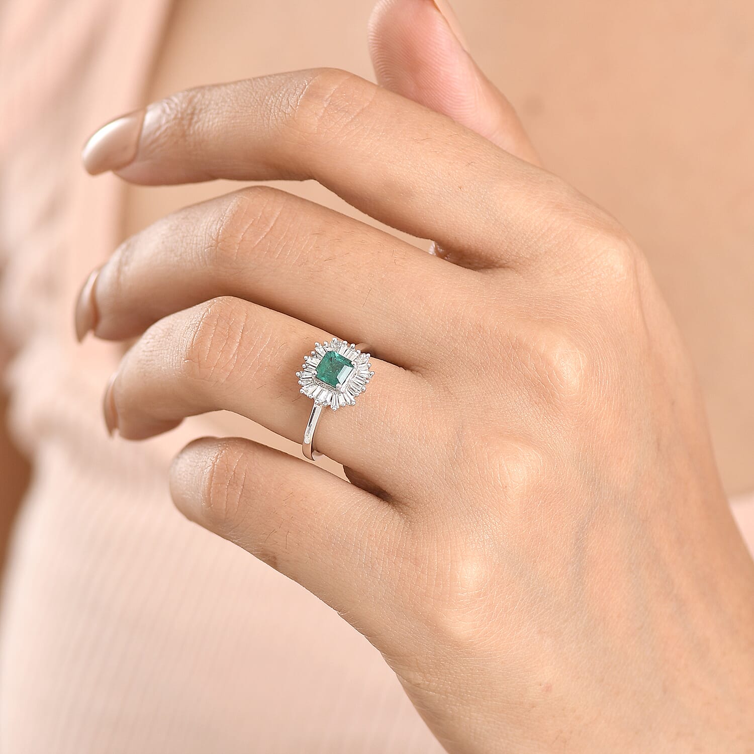 Luxuriant - AAA Zambian Emerald & Lab Grown Diamond (SI-G-H) Halo Ring in Rhodium Overlay Sterling Silver 1.00 Ct.