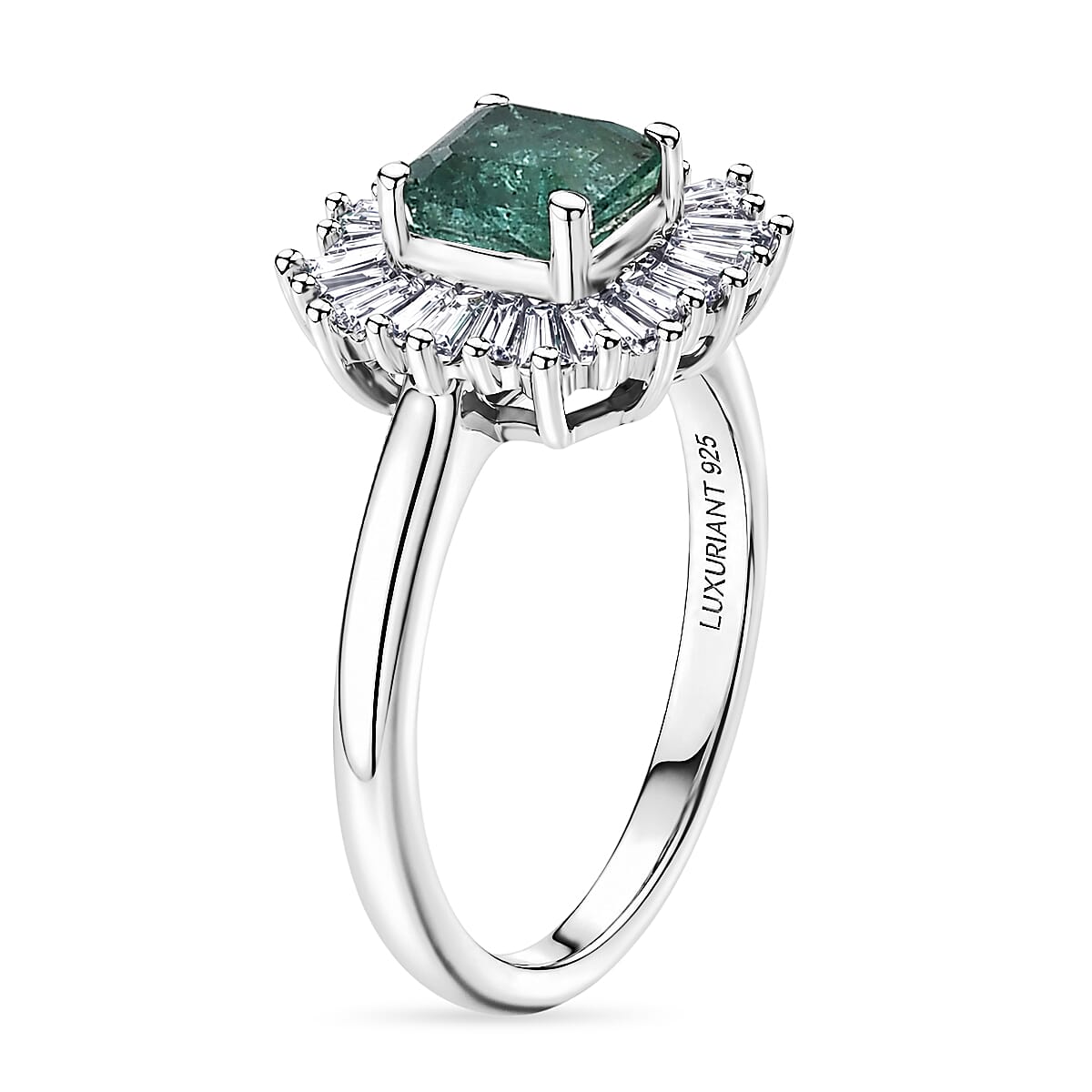 Luxuriant - AAA Zambian Emerald & Lab Grown Diamond (SI-G-H) Halo Ring in Rhodium Overlay Sterling Silver 1.00 Ct.