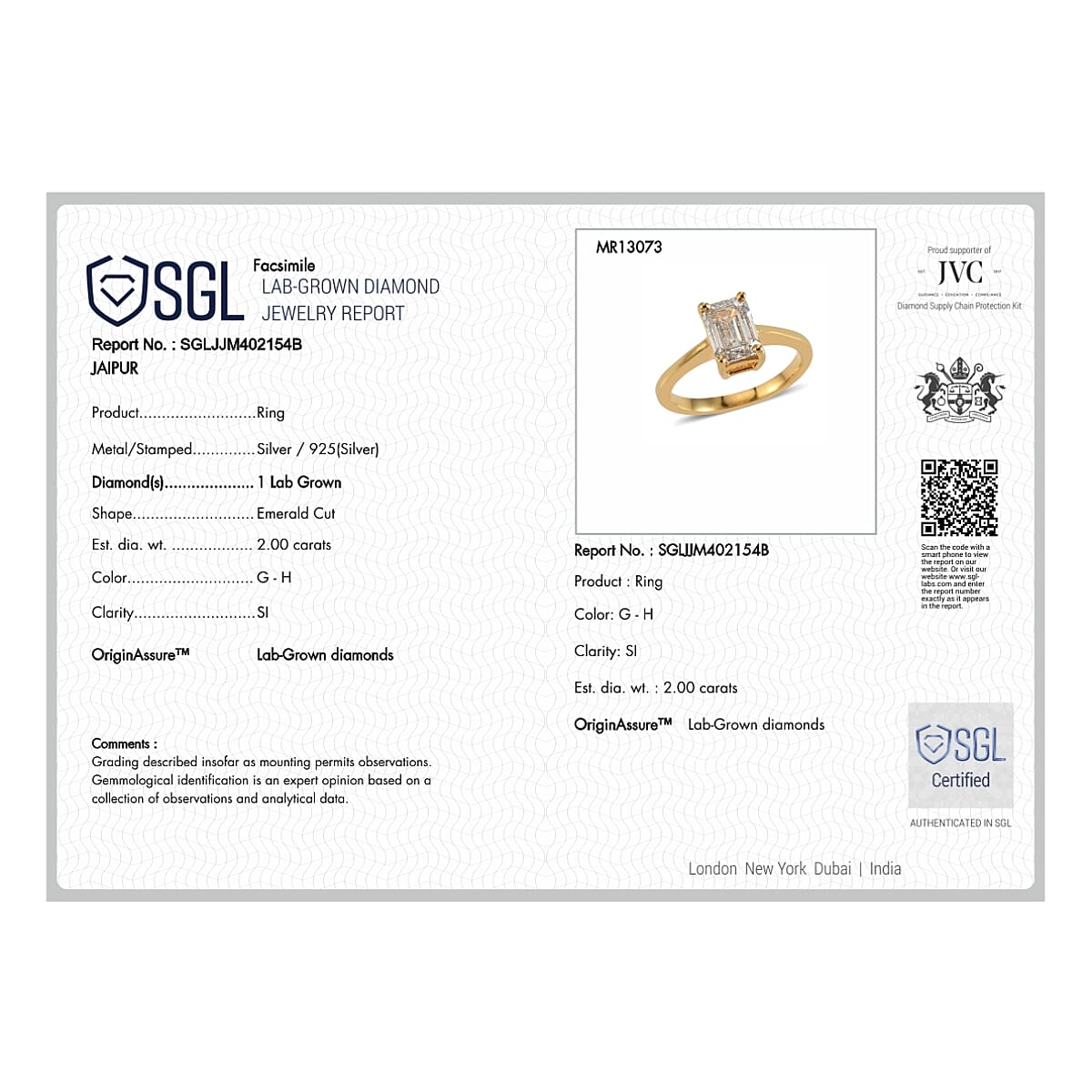 LUXURIANT 2 Ct. SGL Certified Lab Grown Diamond (SI/G-H) Solitaire Ring in Sterling Silver