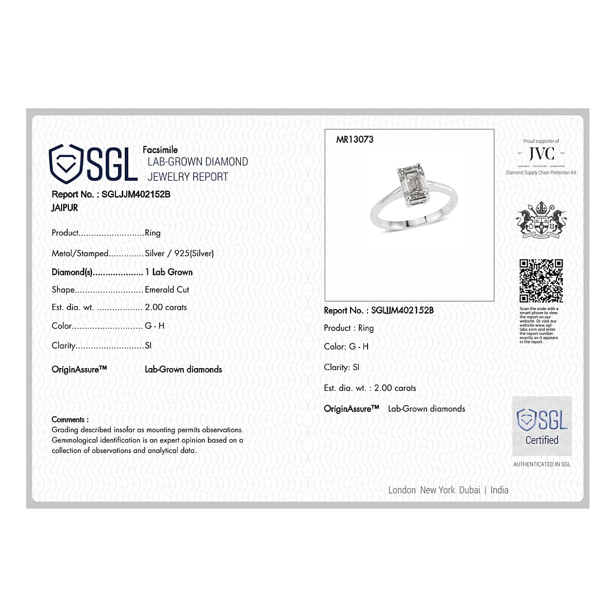 LUXURIANT 2 Ct. SGL Certified Lab Grown Diamond (SI/G-H) Solitaire Ring in Sterling Silver