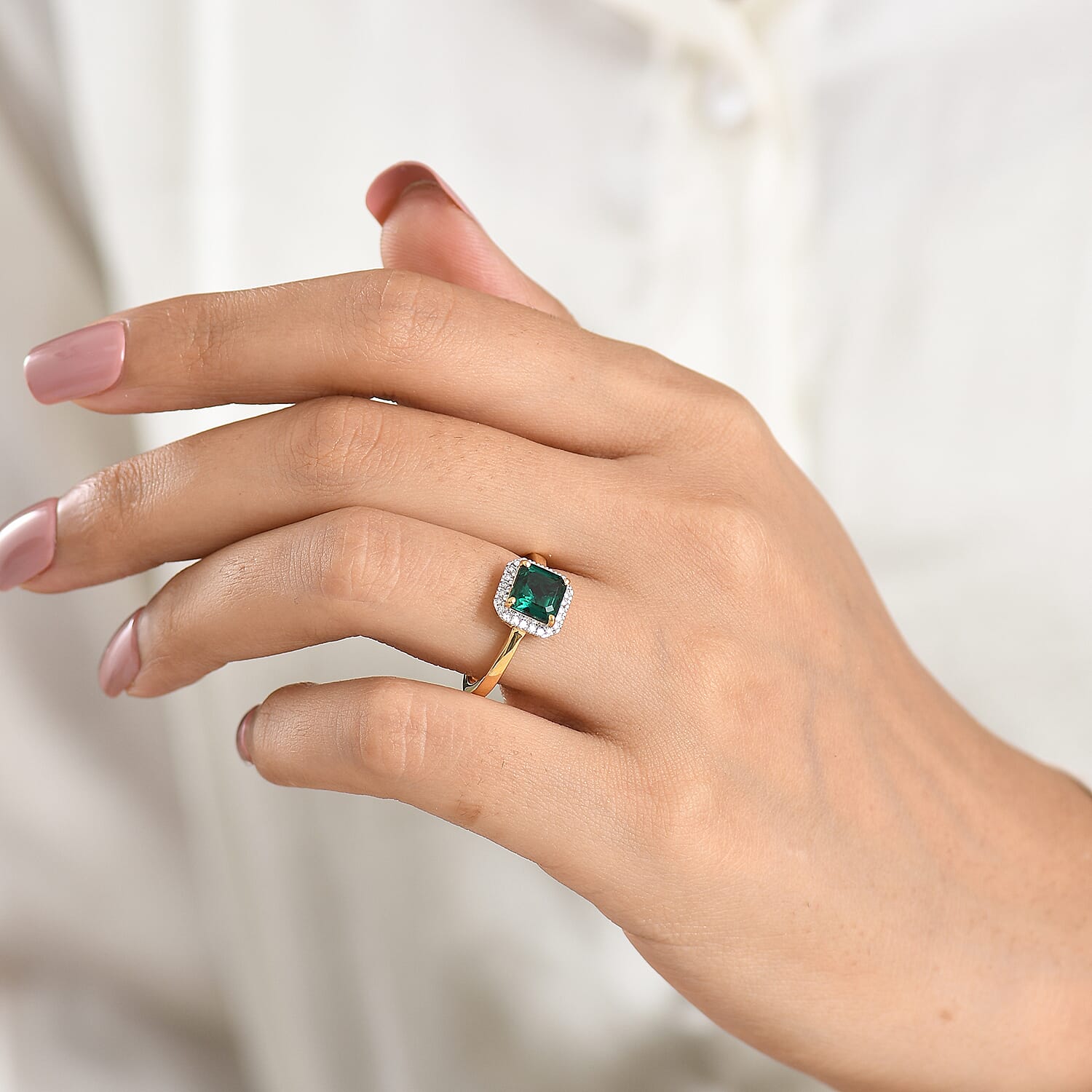 Luxuriant - Lab Grown Emerald & Lab Grown Diamond (SI-G-H) Halo Ring in 18K Vermeil Yellow Gold Plated Sterling Silver 1.60 Ct.