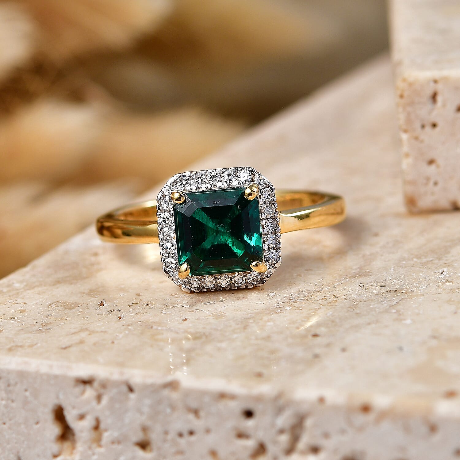 Luxuriant - Lab Grown Emerald & Lab Grown Diamond (SI-G-H) Halo Ring in 18K Vermeil Yellow Gold Plated Sterling Silver 1.60 Ct.