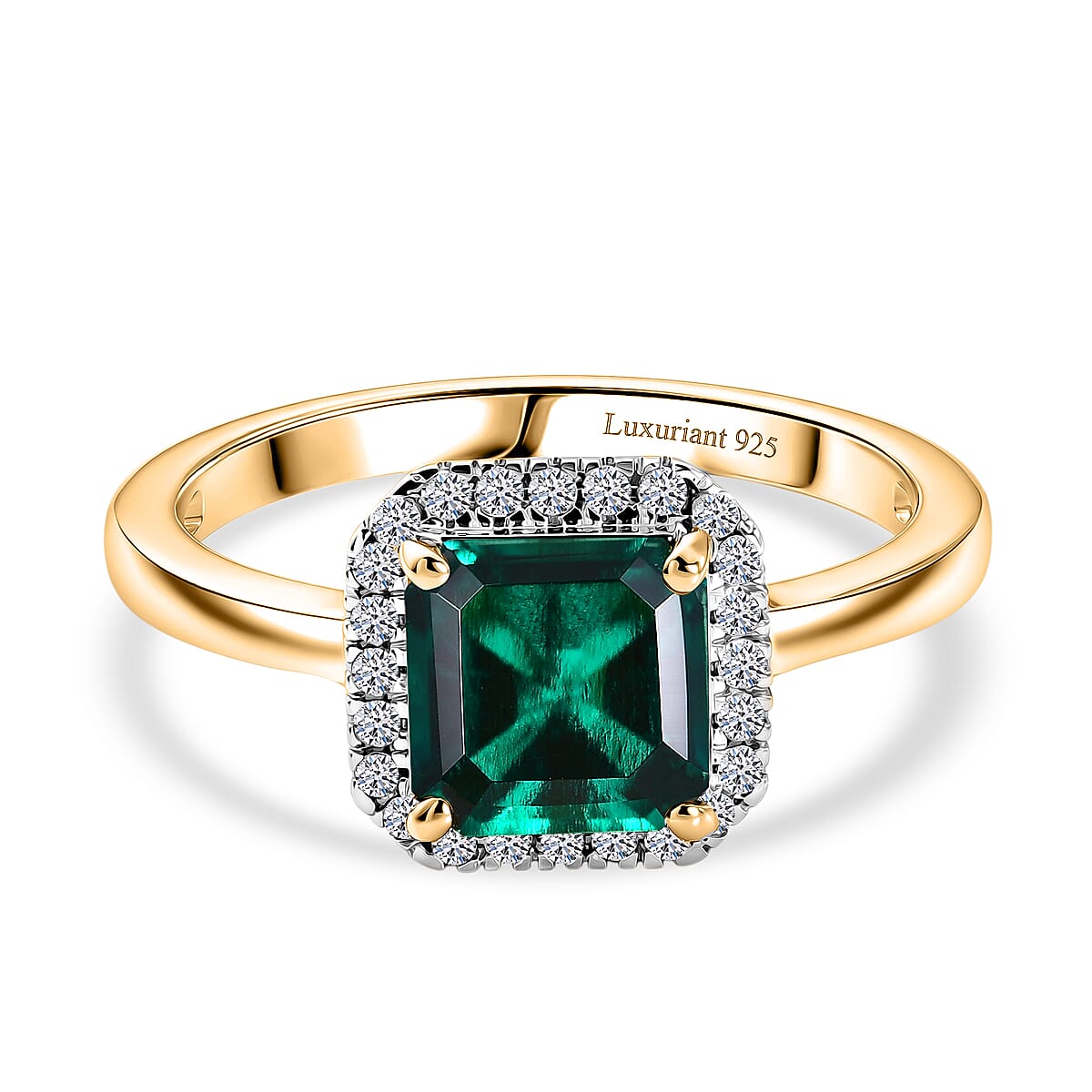 Luxuriant - Lab Grown Emerald & Lab Grown Diamond (SI-G-H) Halo Ring in 18K Vermeil Yellow Gold Plated Sterling Silver 1.63 Ct.
