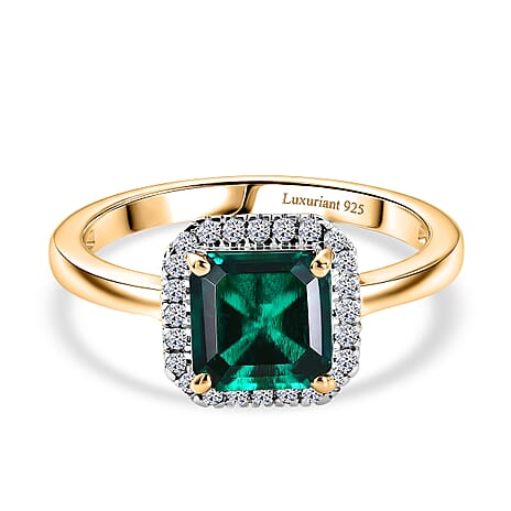 Luxuriant - Lab Grown Emerald & Lab Grown Diamond (SI-G-H) Halo Ring in 18K Vermeil Yellow Gold Plated Sterling Silver 1.63 Ct.
