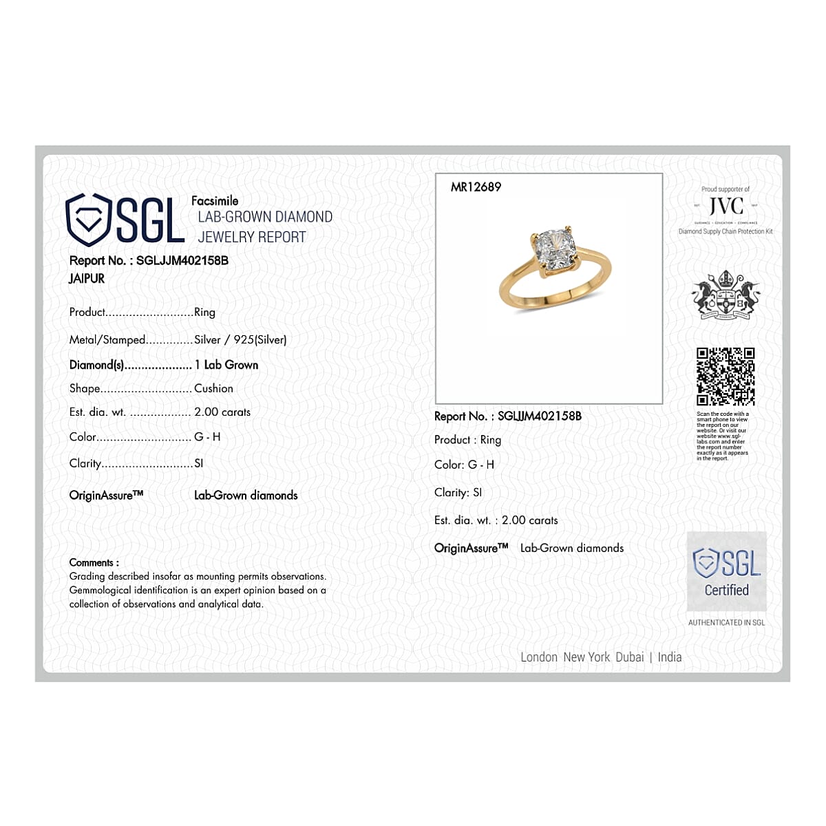 LUXURIANT 2 Ct. SGL Certified Lab Grown Diamond (SI/G-H) Solitaire Ring in Sterling Silver