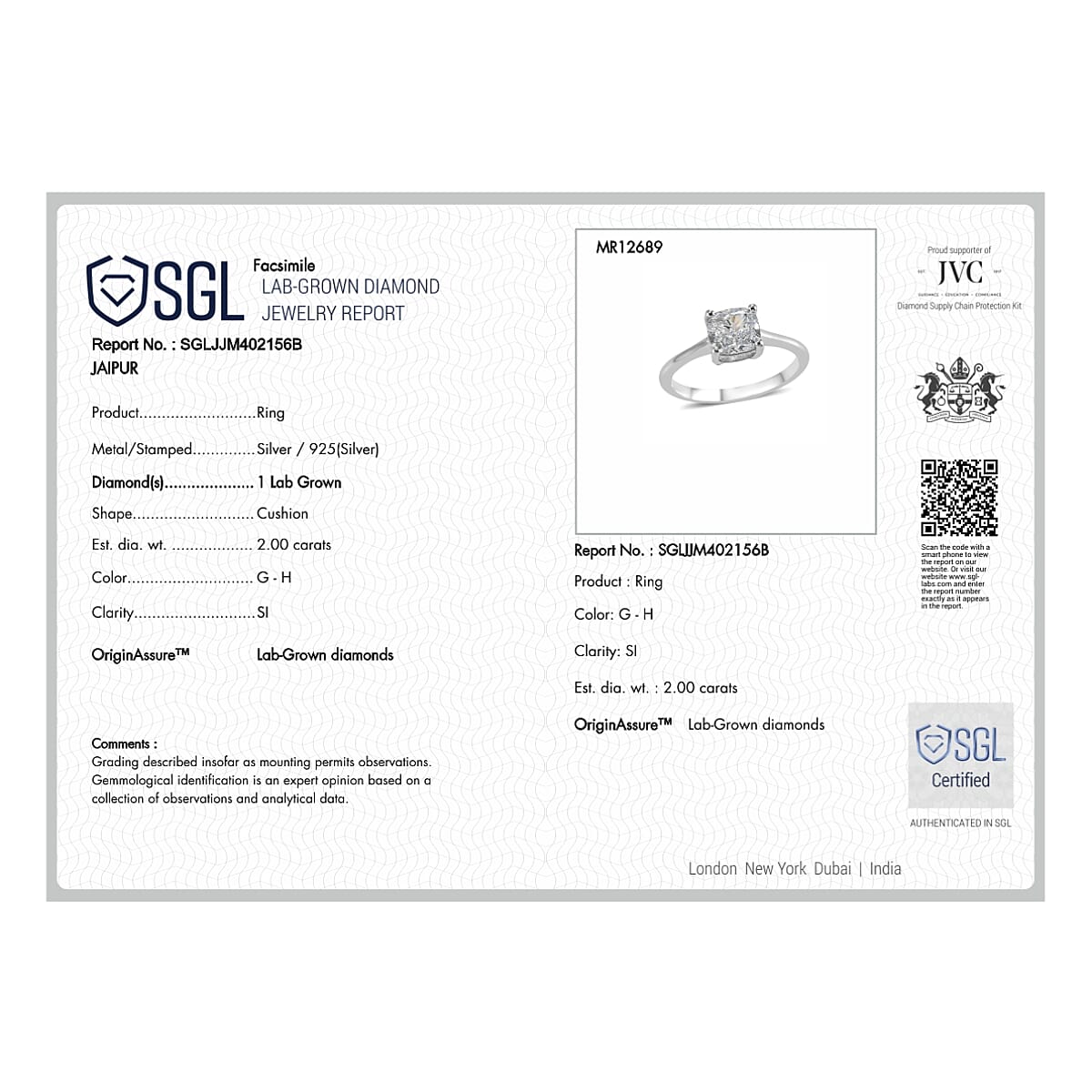 LUXURIANT 2 Ct. SGL Certified Lab Grown Diamond (SI/G-H) Solitaire Ring in Sterling Silver