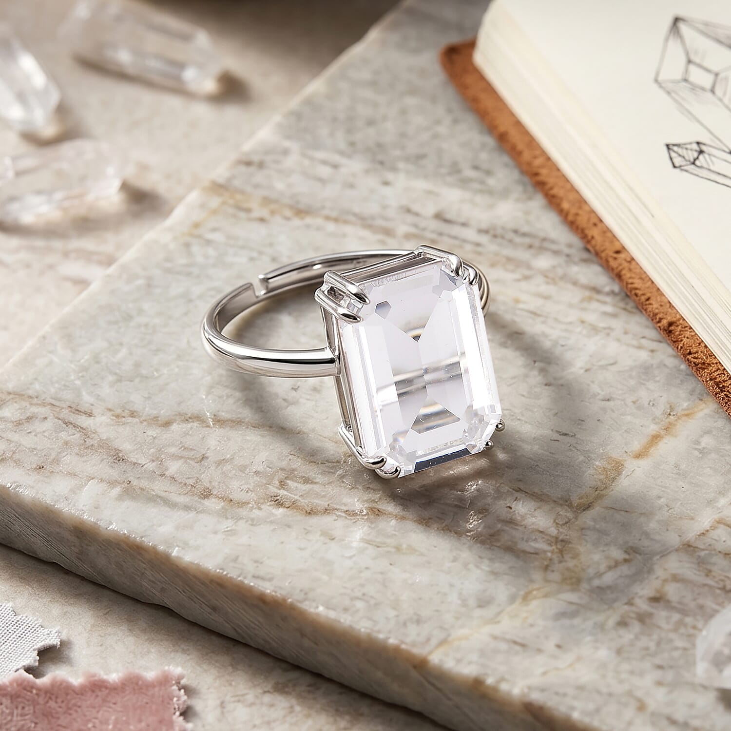 White Crystal Adjustable Ring (Size - O to R) in Silver Tone
