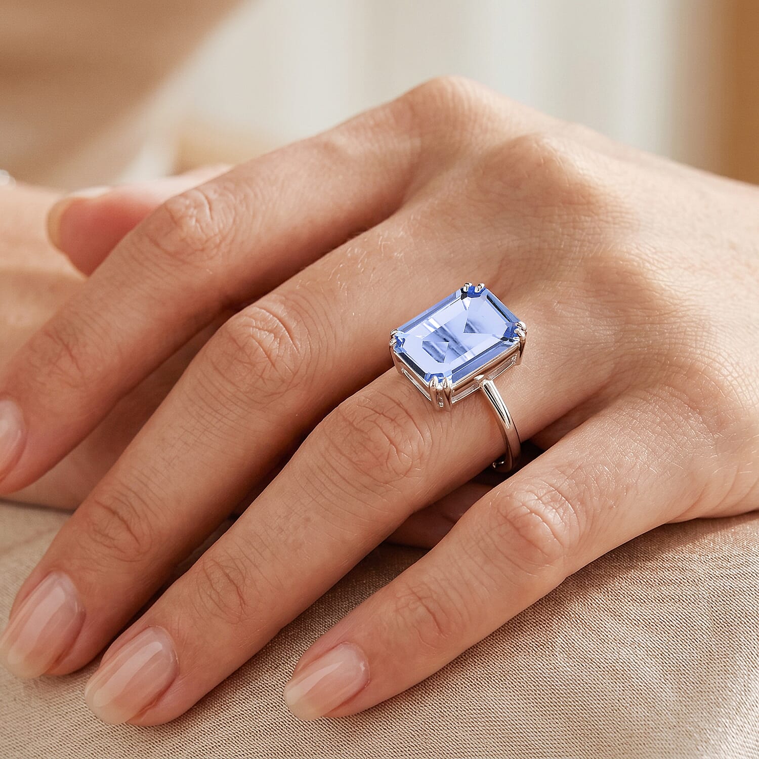 Blue Crystal Adjustable Ring (Size - L to N) in Silver Tone