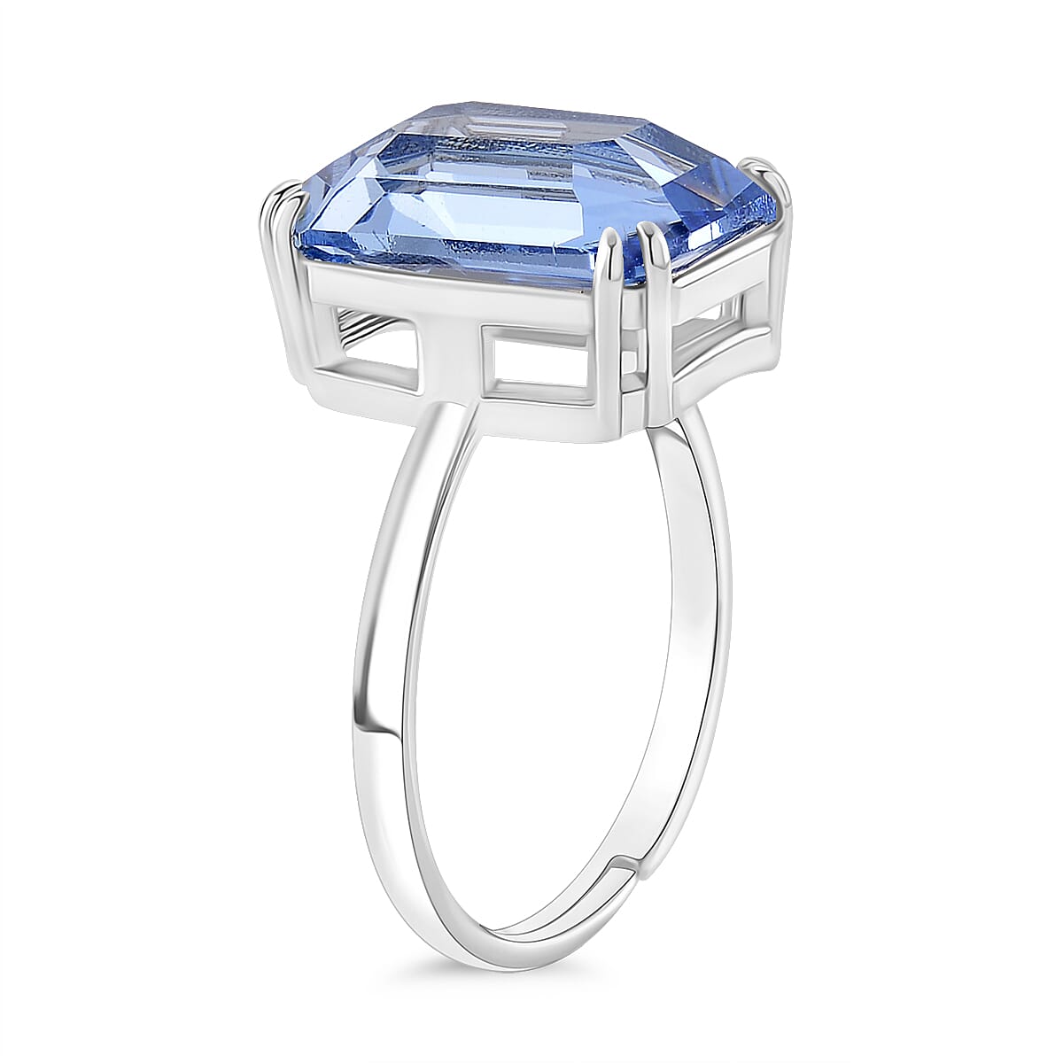 Blue Crystal Adjustable Ring (Size - L to N) in Silver Tone