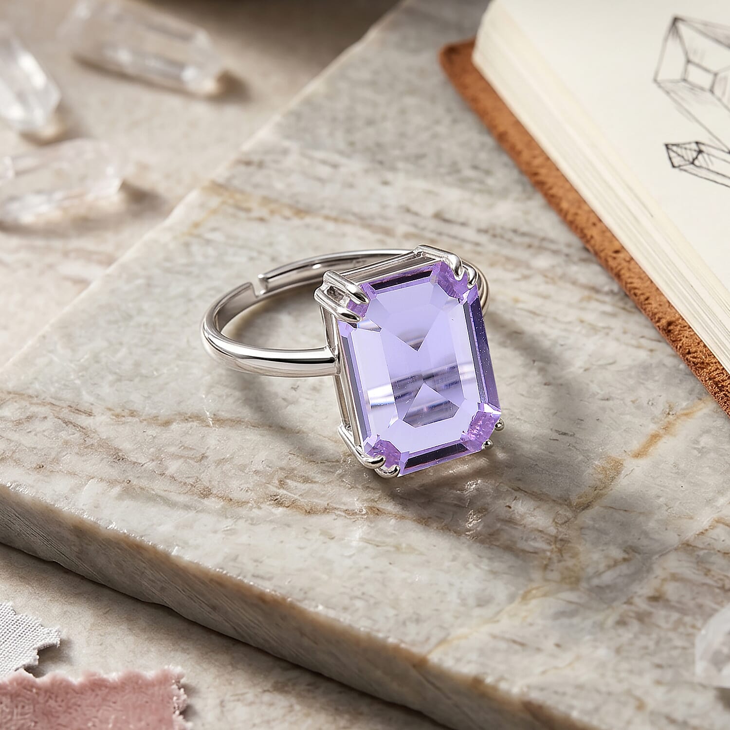 Purple Crystal Adjustable Ring (Size - L to N) in Silver Tone