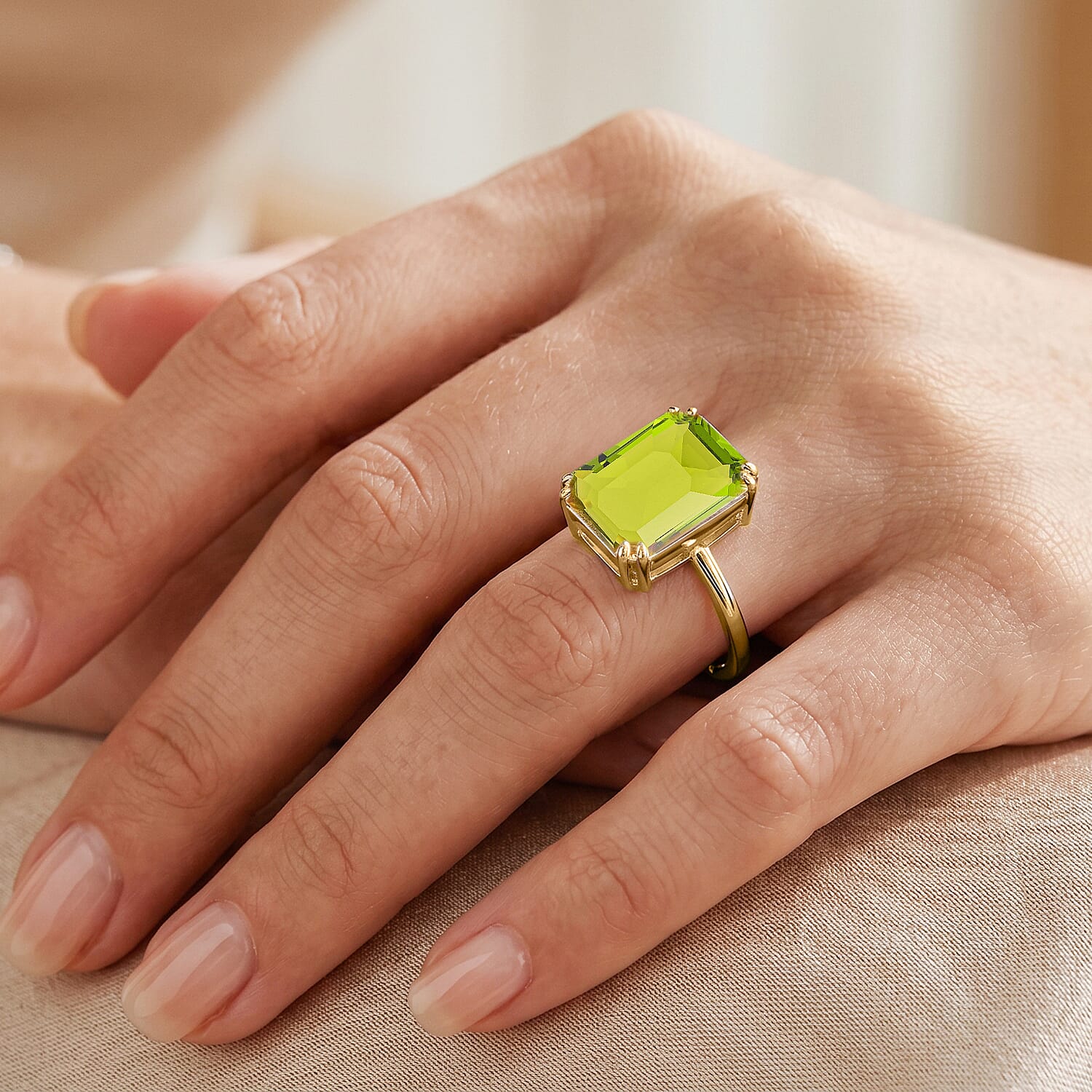 Green Crystal Adjustable Ring (Size - L to N) in Yellow Gold Tone