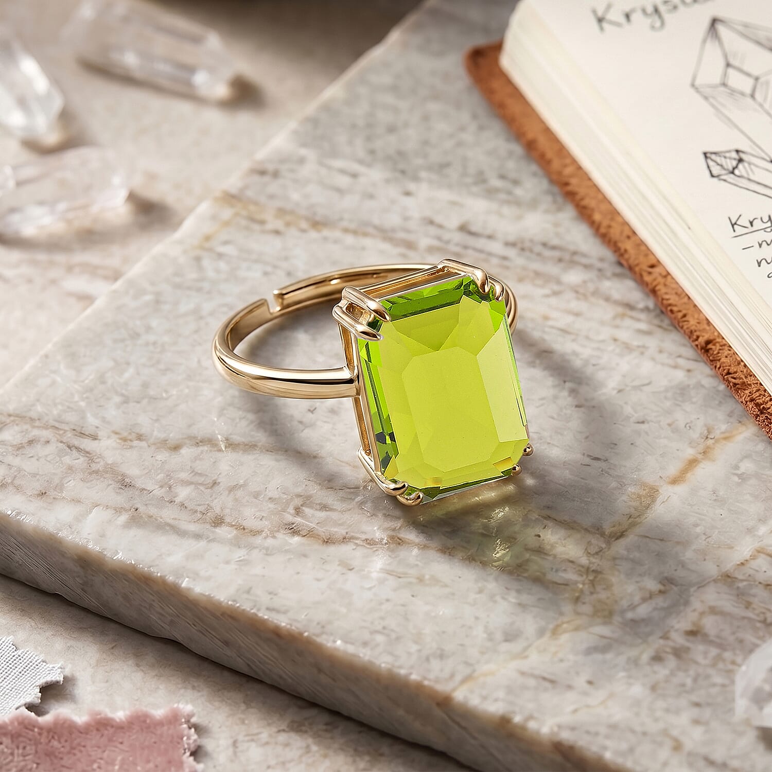 Green Crystal Adjustable Ring (Size - L to N) in Yellow Gold Tone