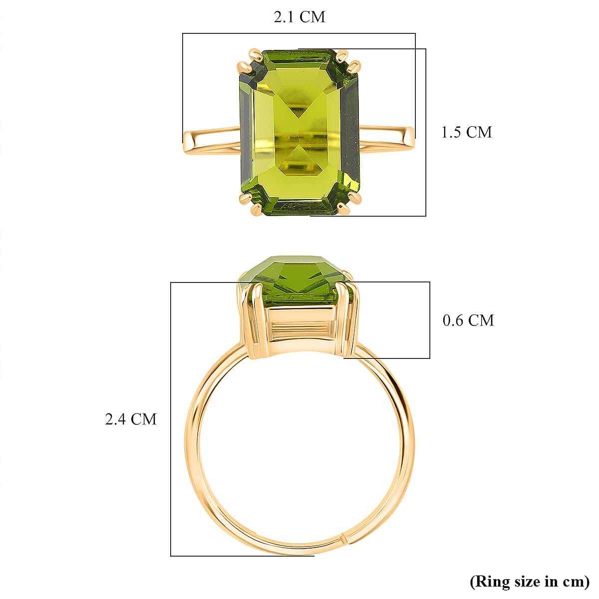 Green Crystal Adjustable Ring (Size - L to N) in Yellow Gold Tone