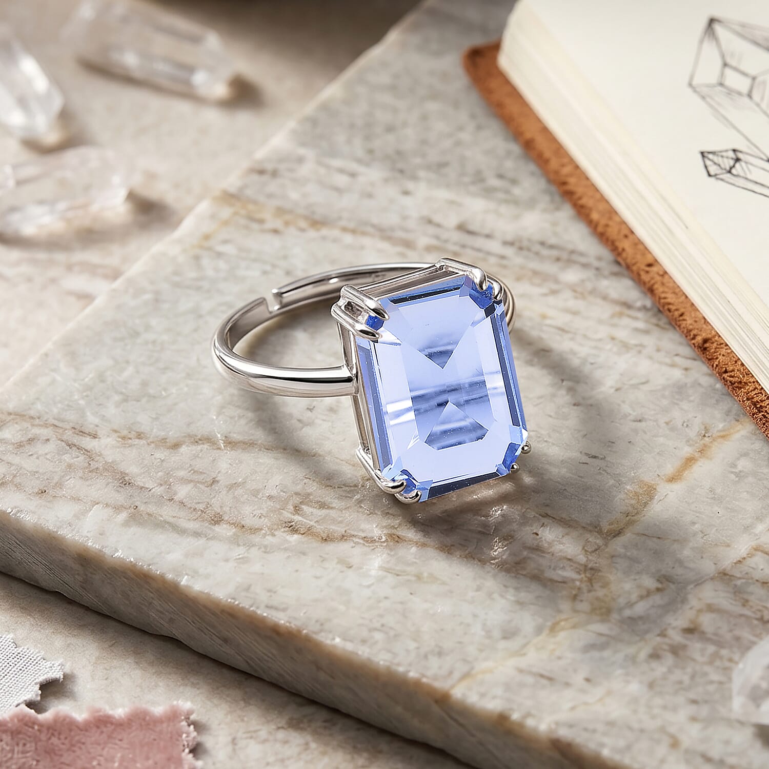 Blue Crystal Adjustable Ring (Size - O to R) in Silver Tone