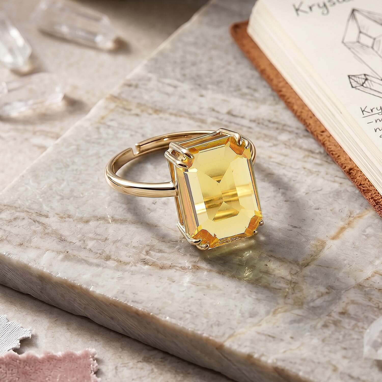 Yellow Crystal Adjustable Ring (Size - O to R) in Yellow Gold Tone