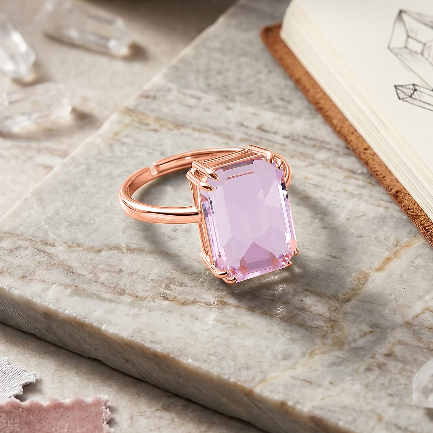 Pink Crystal Adjustable Ring (Size - O to R) in Rose Gold Tone