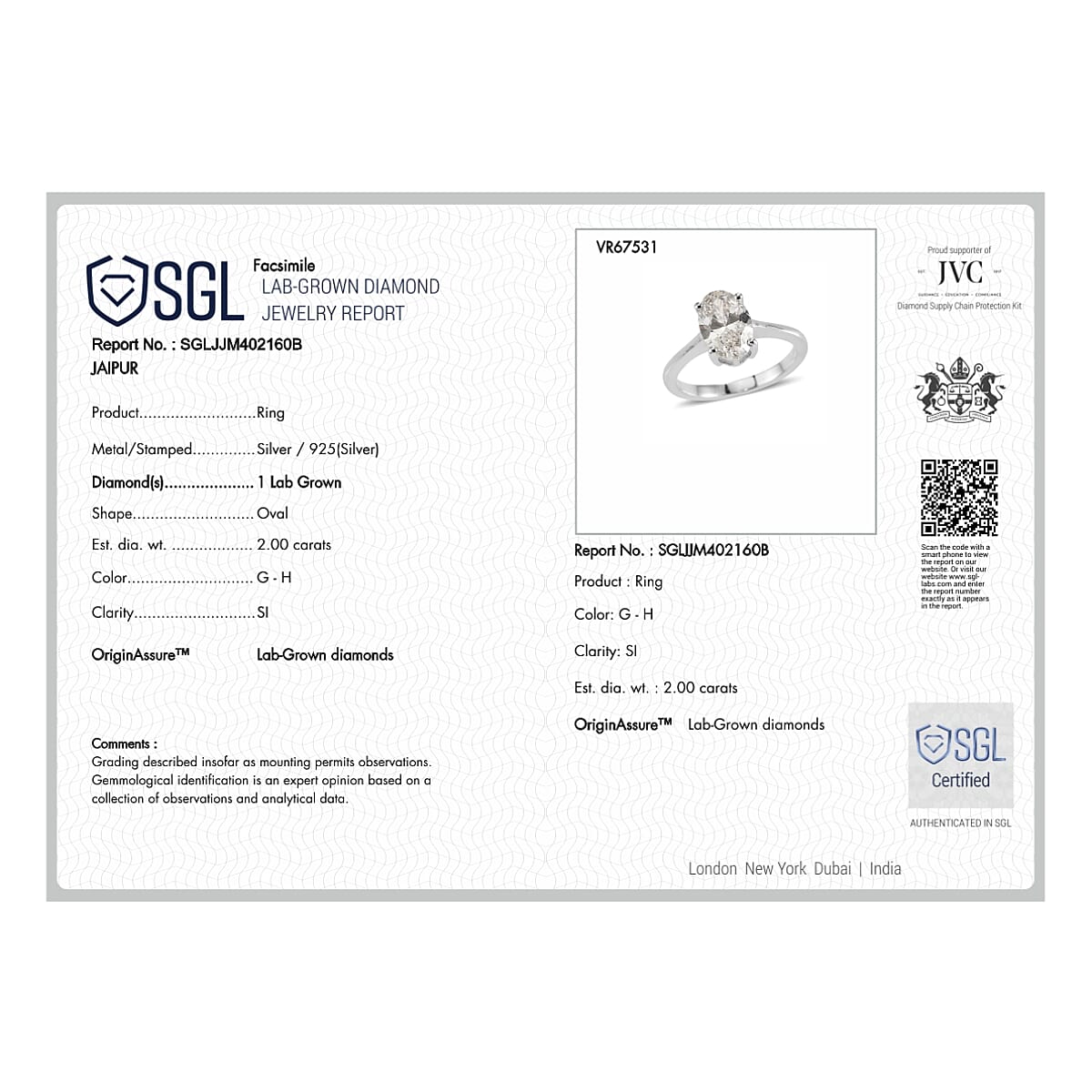 LUXURIANT 2 Ct. SGL Certified Lab Grown Diamond (SI/G-H) Solitaire Ring in Sterling Silver