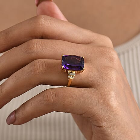 D'Joy - AAA Zambian Amethyst & Natural White Diamond Ring in 18K Vermeil Yellow Gold Plated Sterling Silver 9.30 Ct.