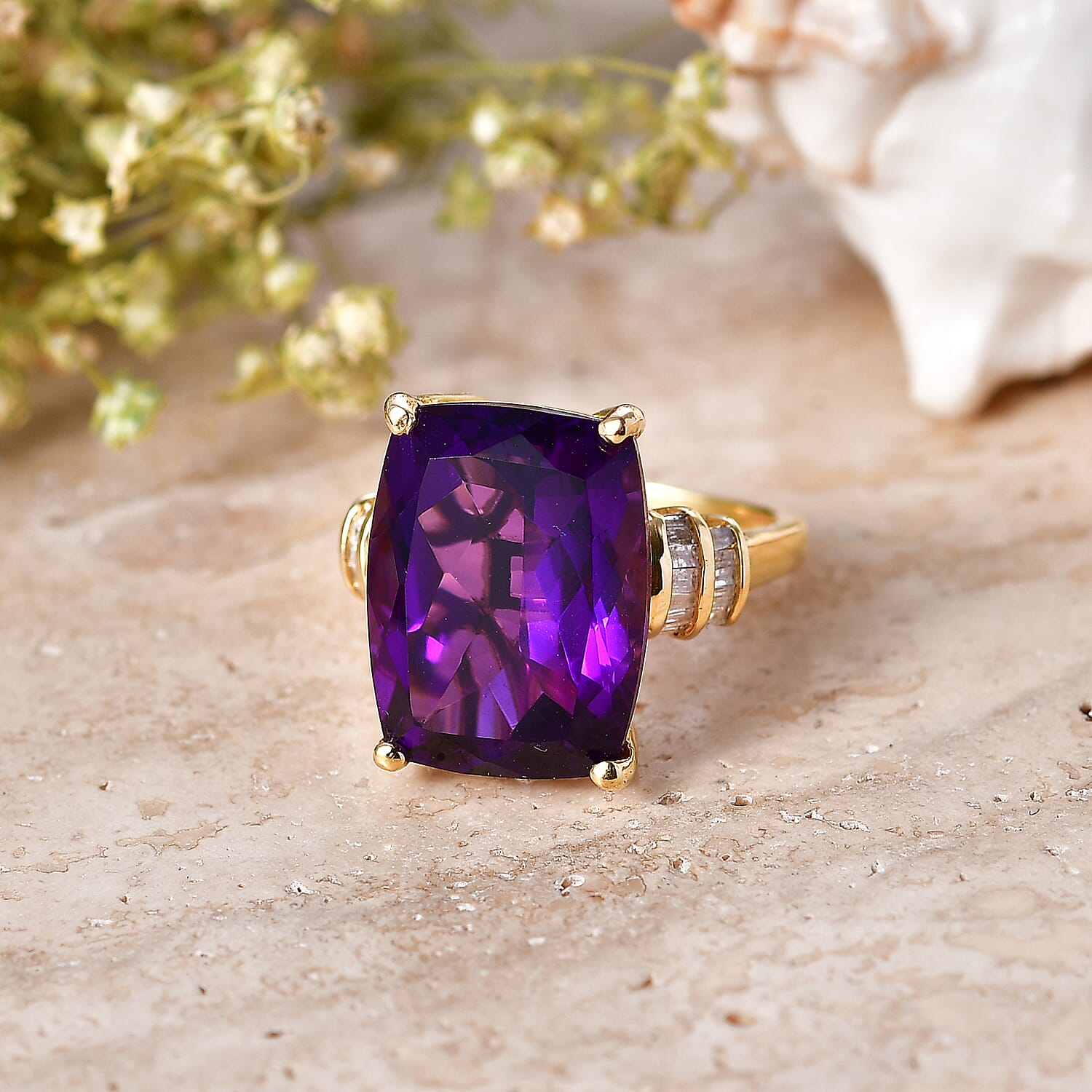 D'Joy Zambian Amethyst, White Diamond Main Stone With Side Stone Ring in 18K YG VermeilSterling Silver  9.298  Ct.