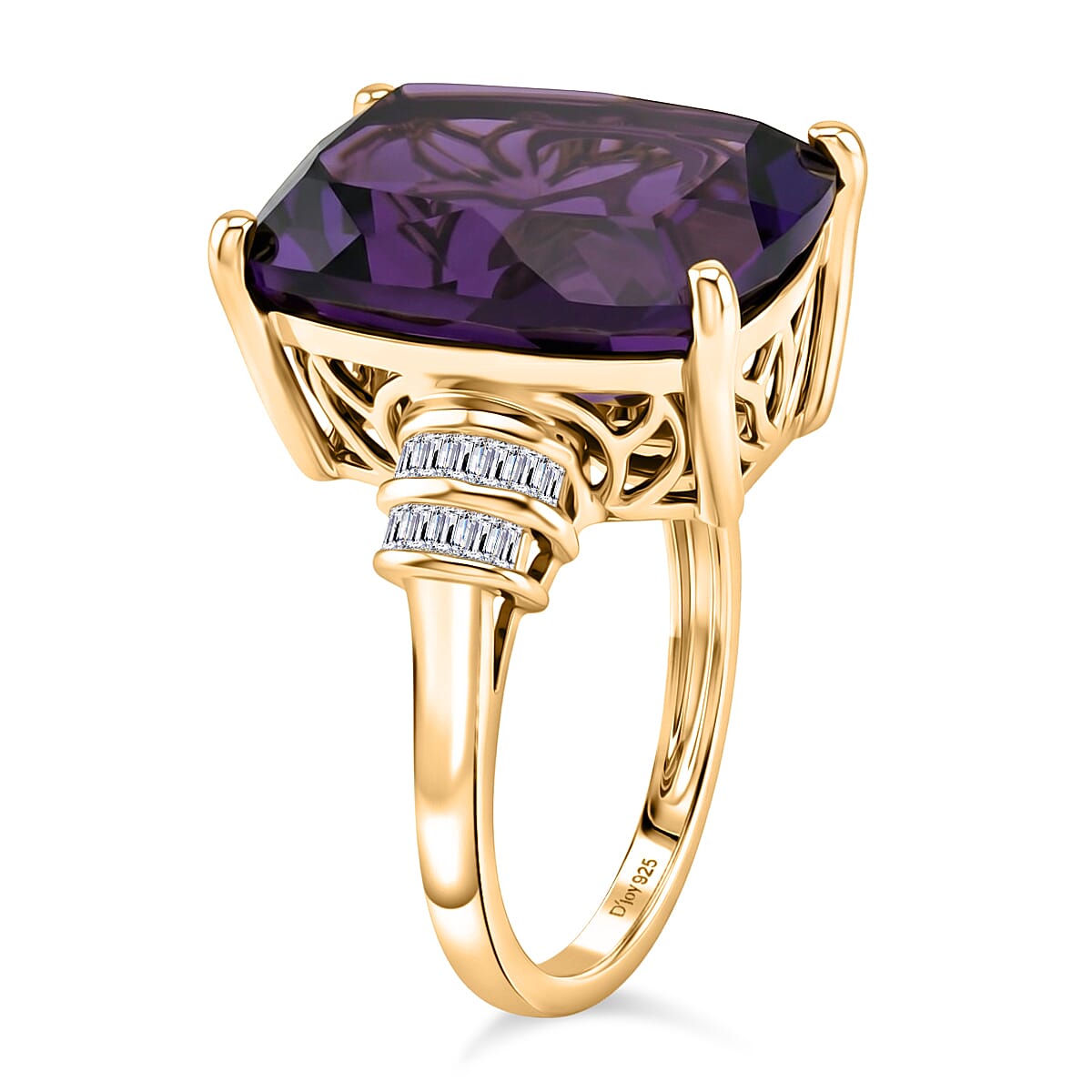 D'Joy Zambian Amethyst, White Diamond Main Stone With Side Stone Ring in 18K YG VermeilSterling Silver  9.298  Ct.
