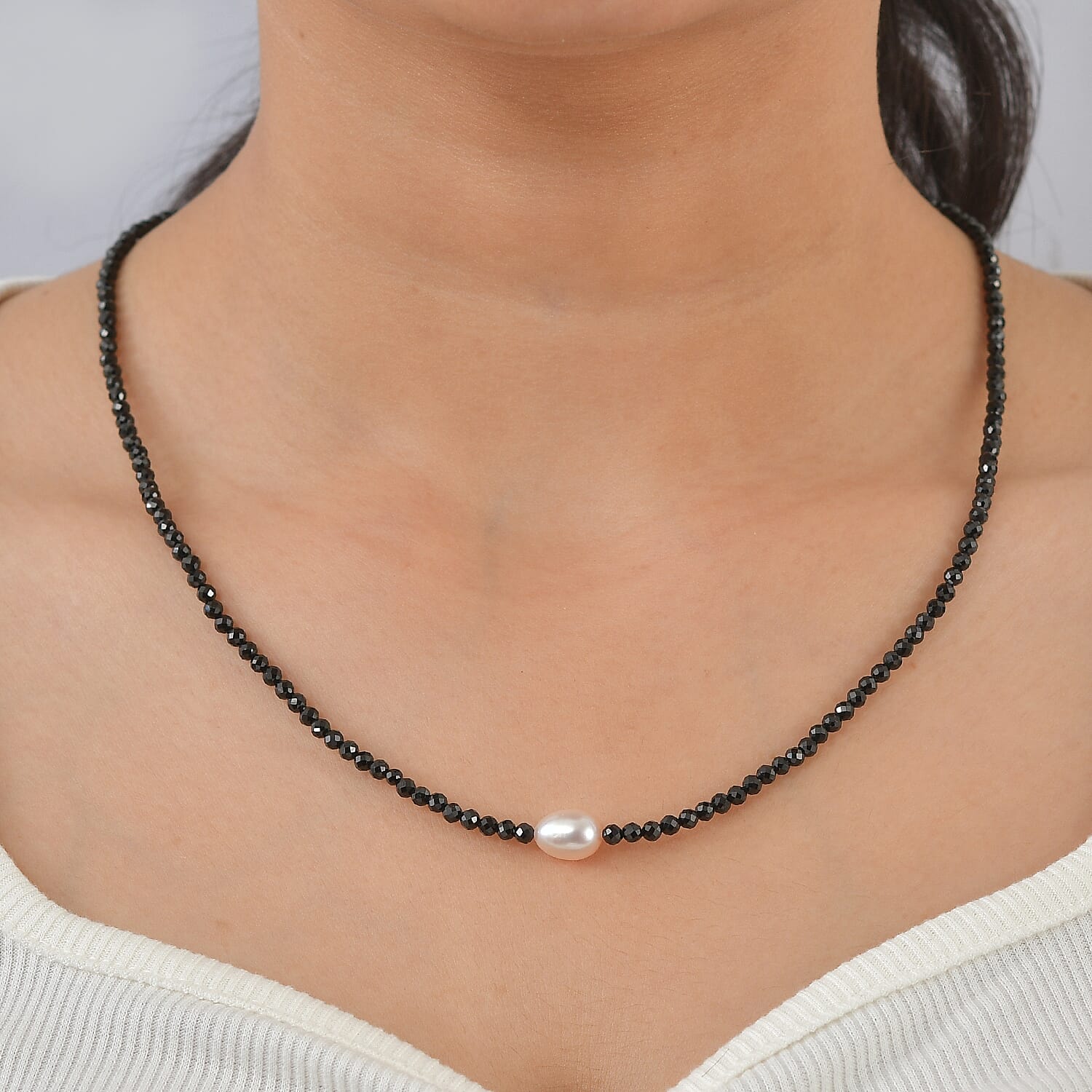 EverTrue - Black Spinel & Fresh Water Pearl Beads Necklace (Size - 20-2 Ext) 45.00 Ct.