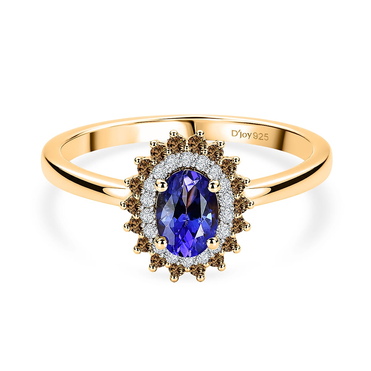 D'Joy Tanzanite, Champagne Diamond, White Diamond Main Stone With Surrounding Stone Ring in 18K YG VermeilSterling Silver  0.692  Ct.