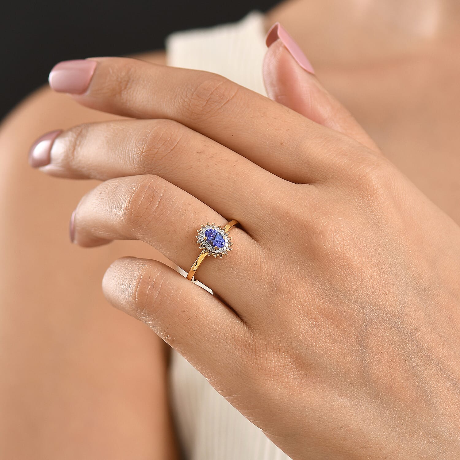 D'Joy Tanzanite, Champagne Diamond, White Diamond Main Stone With Surrounding Stone Ring in 18K YG VermeilSterling Silver  0.692  Ct.