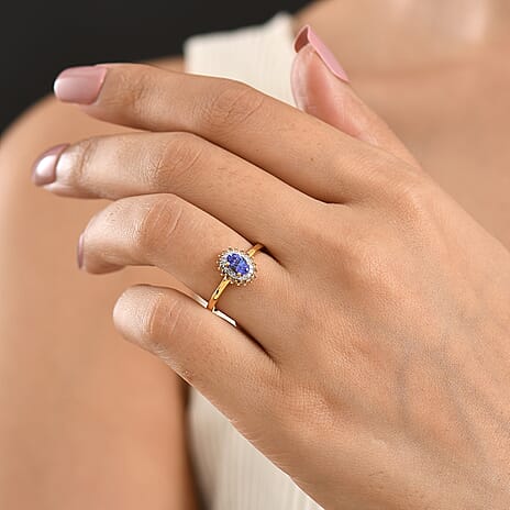 D'Joy - Tanzanite, Champagne Diamond & Natural White Diamond Halo Ring in 18K Vermeil Yellow Gold Plated Sterling Silver 0.70 Ct.