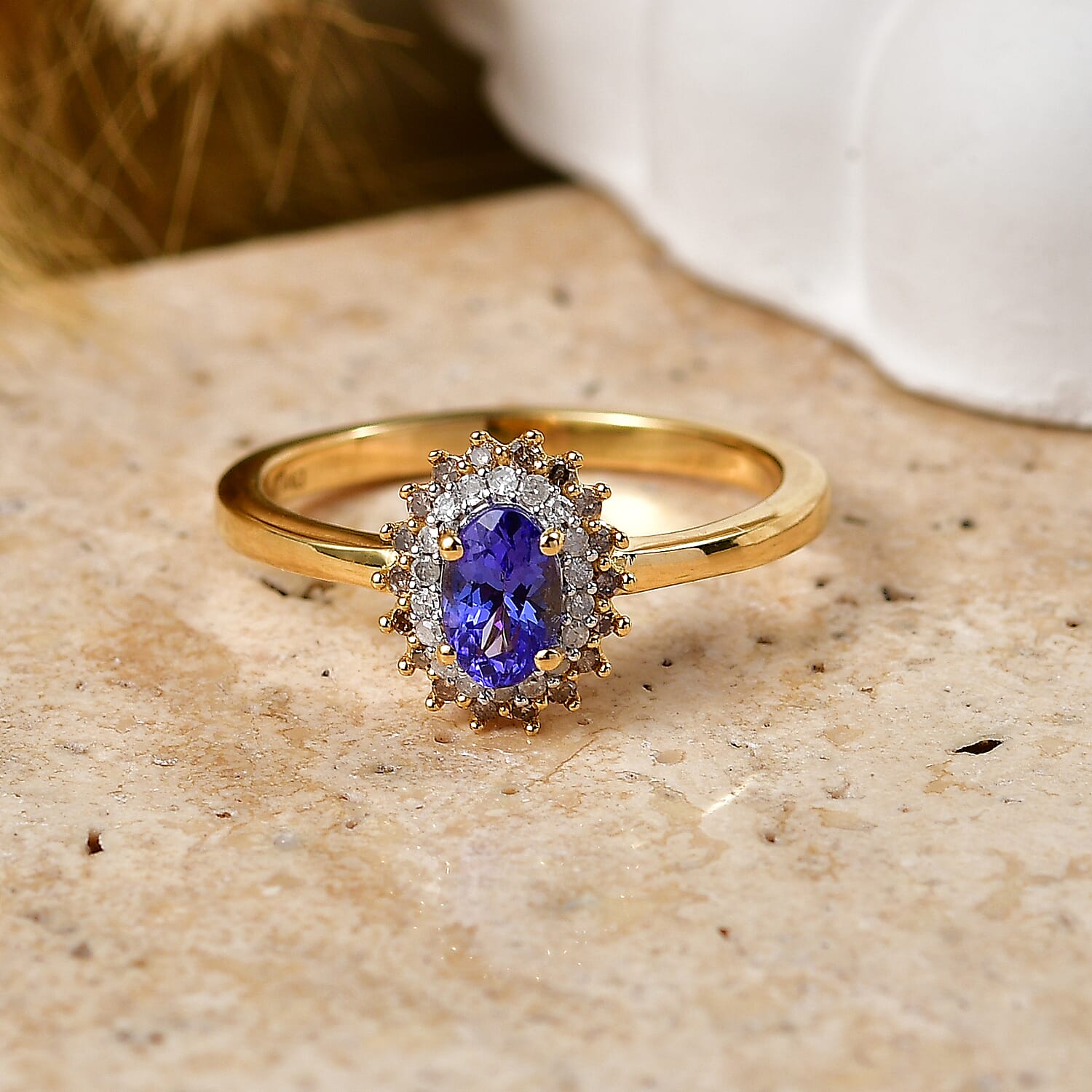 D'Joy Tanzanite, Champagne Diamond, White Diamond Main Stone With Surrounding Stone Ring in 18K YG VermeilSterling Silver  0.692  Ct.