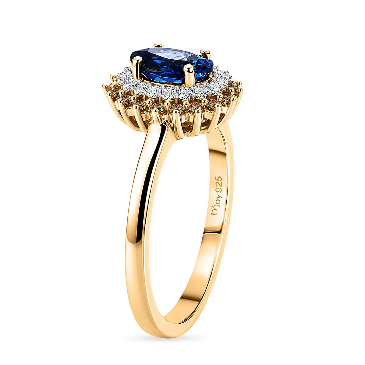 D'Joy Tanzanite, Champagne Diamond, White Diamond Main Stone With Surrounding Stone Ring in 18K YG VermeilSterling Silver  0.692  Ct.