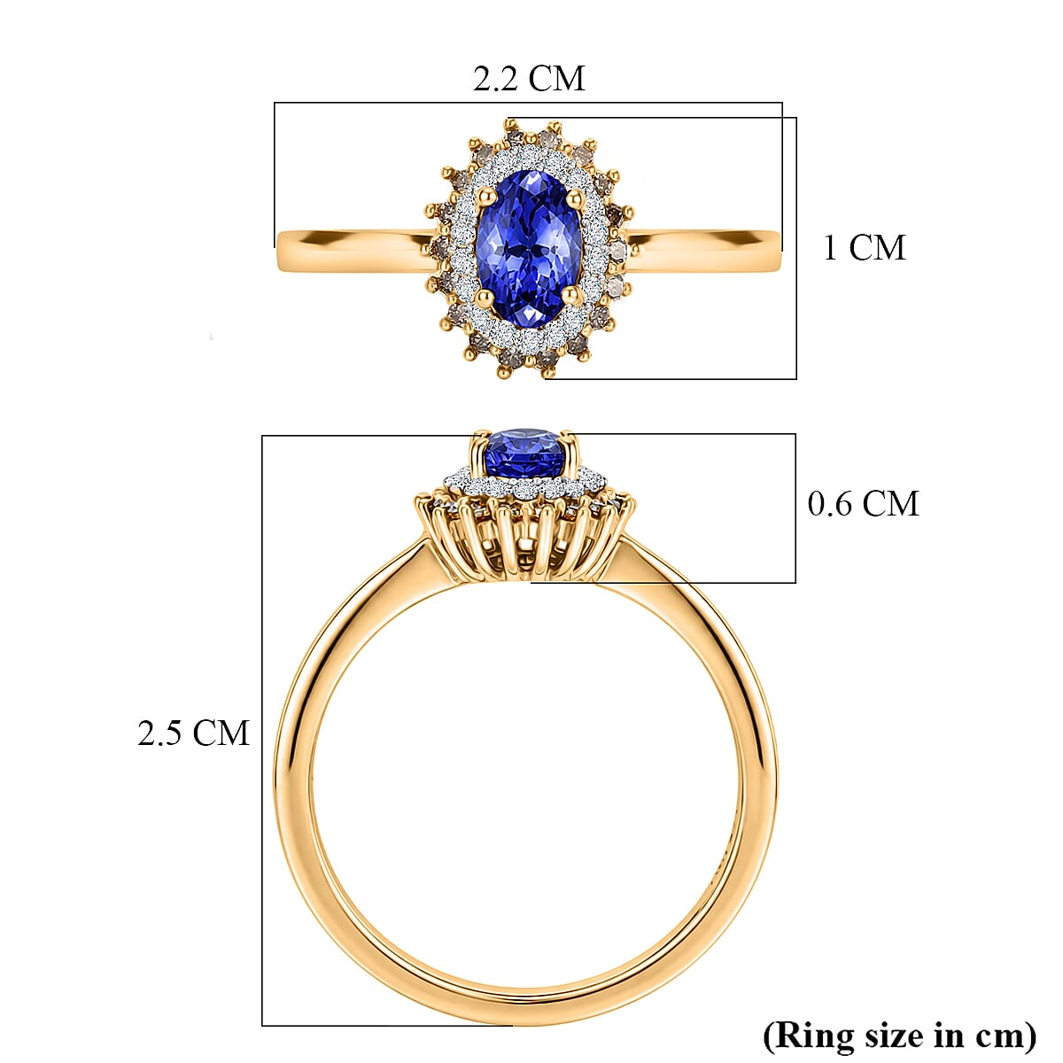 D'Joy Tanzanite, Champagne Diamond, White Diamond Main Stone With Surrounding Stone Ring in 18K YG VermeilSterling Silver  0.692  Ct.