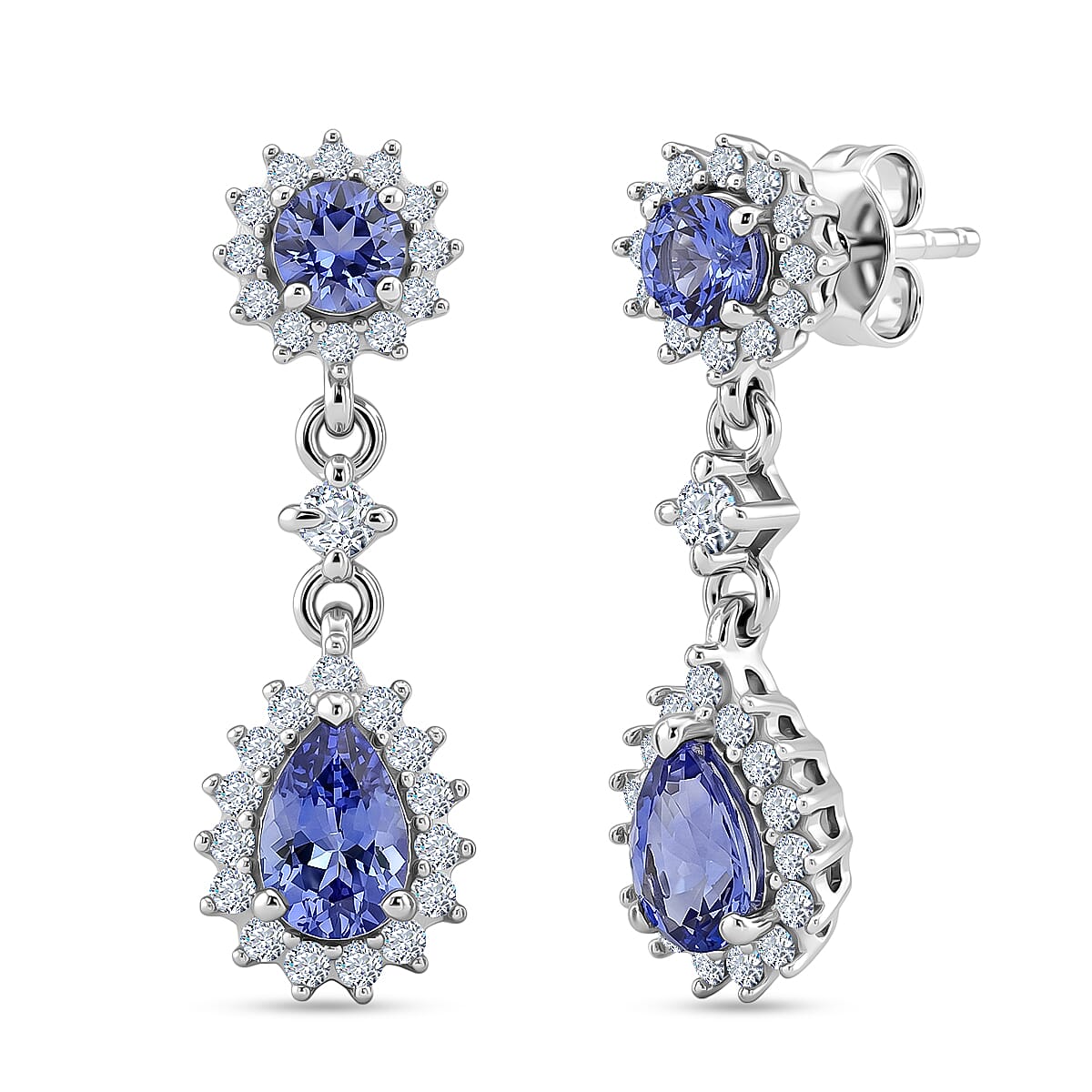 D'Joy - Tanzanite & White Zircon Dangling Earring with Push Post in Rhodium Overlay Sterling Silver 1.90 Ct.