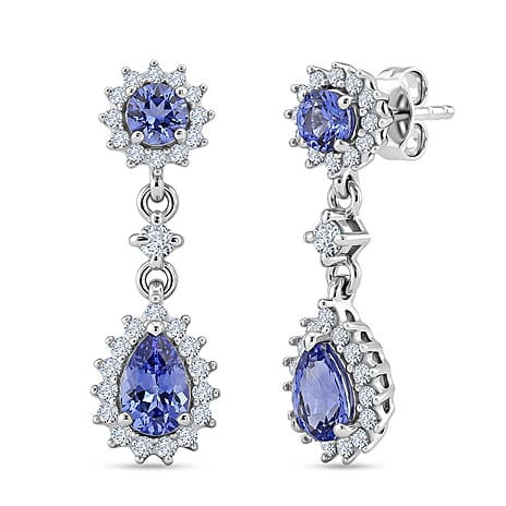 D'Joy - Tanzanite & White Zircon Dangling Earring with Push Post in Rhodium Overlay Sterling Silver 1.90 Ct.