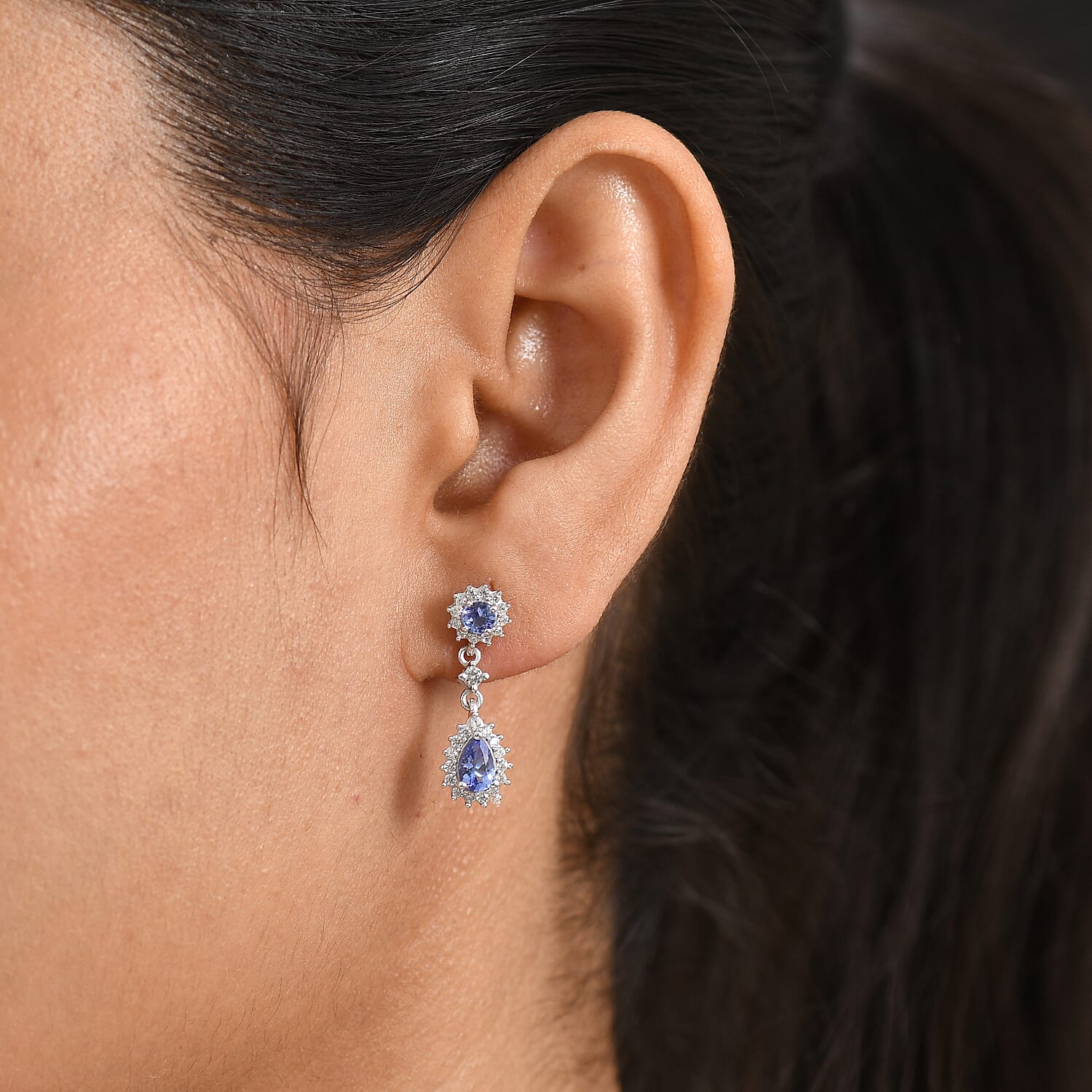 D'Joy - Tanzanite & White Zircon Dangling Earring with Push Post in Rhodium Overlay Sterling Silver 1.90 Ct.