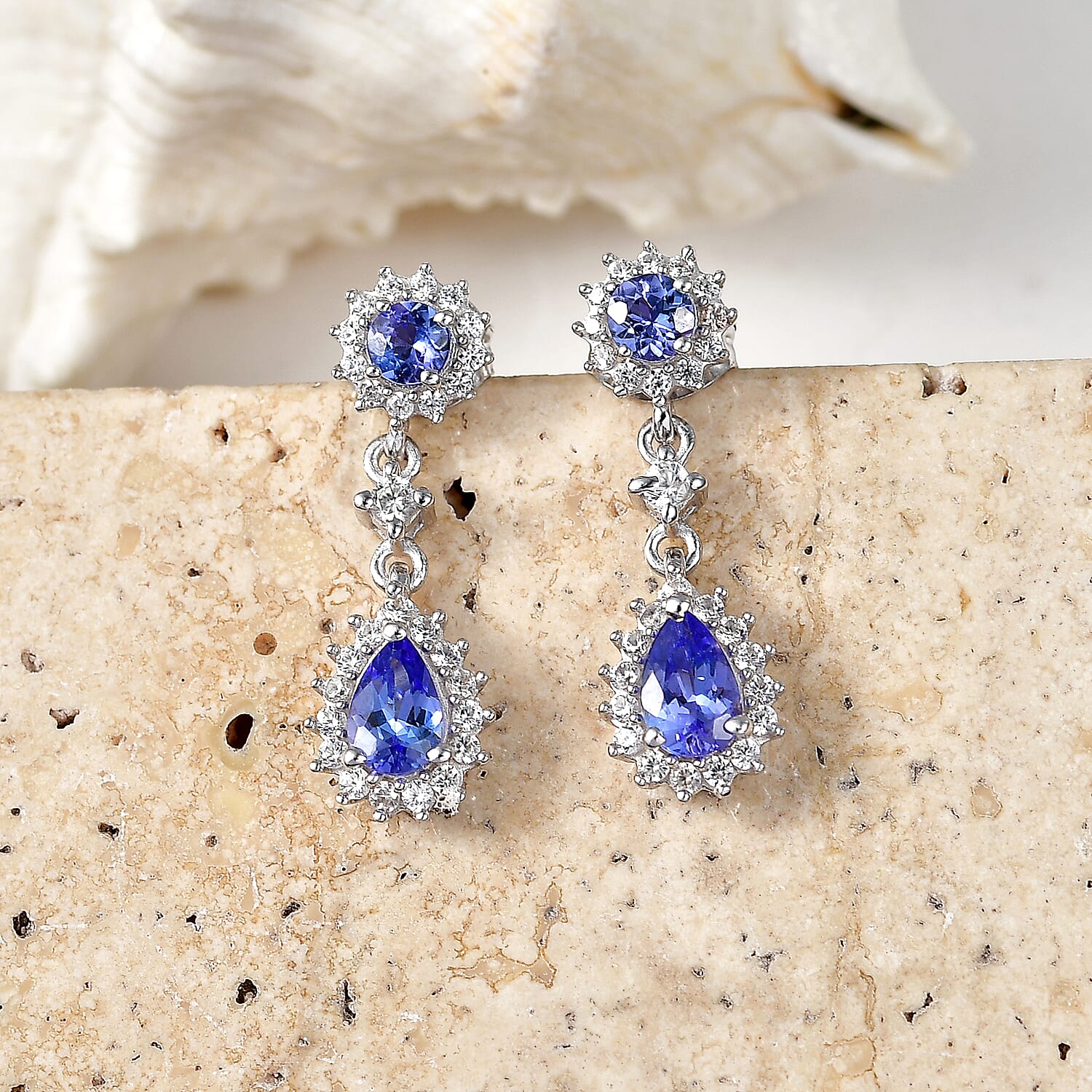 D'Joy - Tanzanite & White Zircon Dangling Earring with Push Post in Rhodium Overlay Sterling Silver 1.90 Ct.