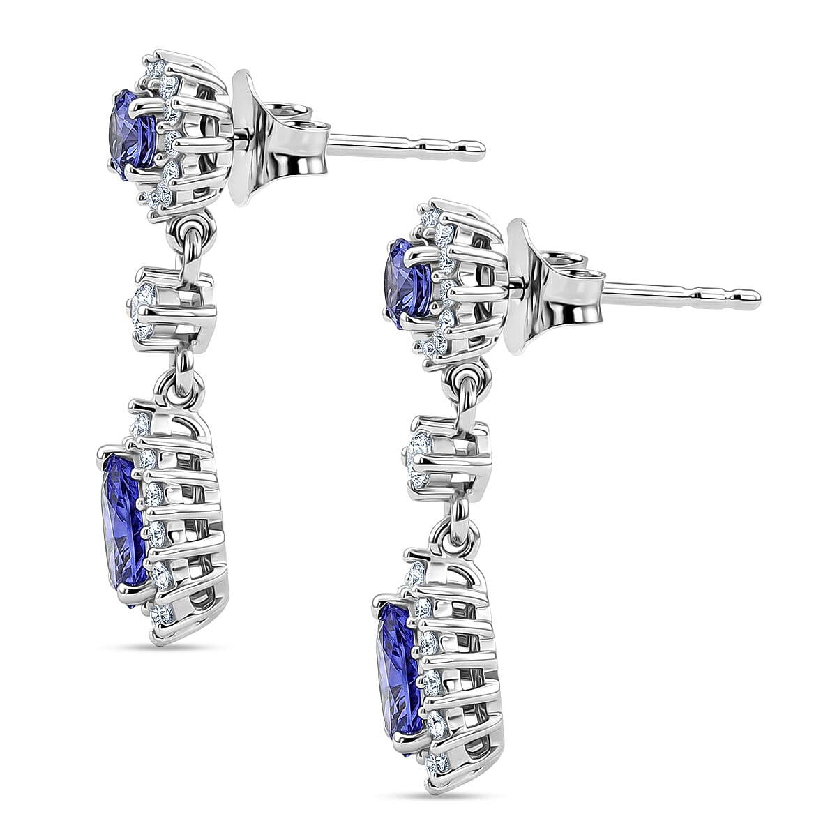 D'Joy - Tanzanite & White Zircon Dangling Earring with Push Post in Rhodium Overlay Sterling Silver 1.90 Ct.