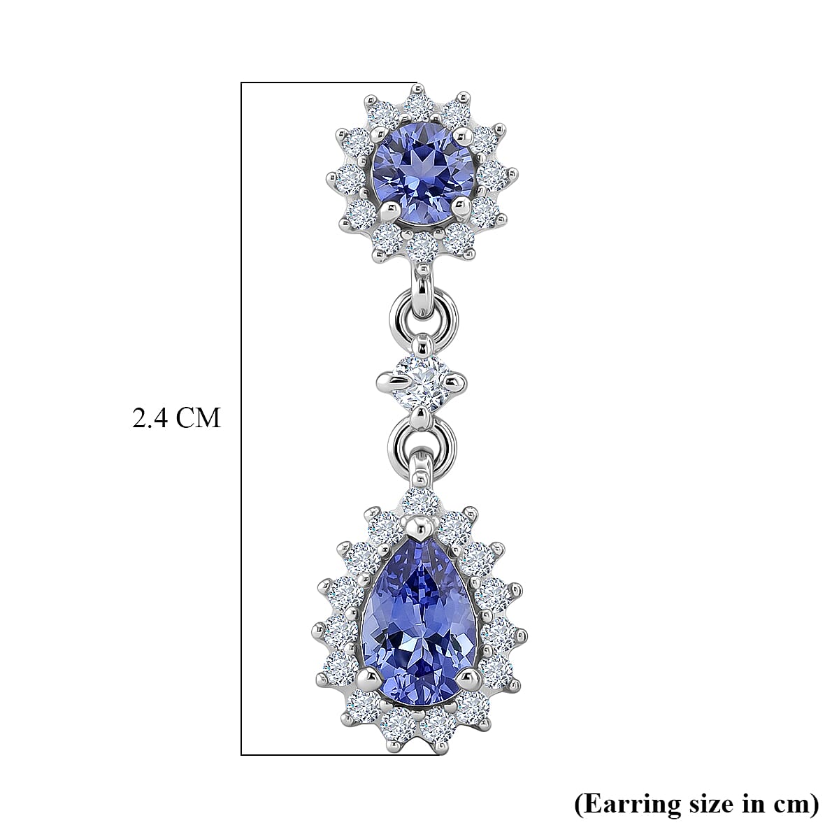 D'Joy - Tanzanite & White Zircon Dangling Earring with Push Post in Rhodium Overlay Sterling Silver 1.90 Ct.